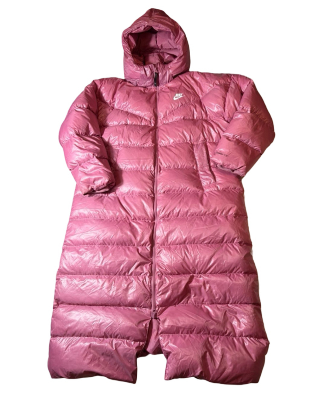 Nike Therma-FIT Down Puffer Coat Womens XL Pink Long Hooded Winter Parka